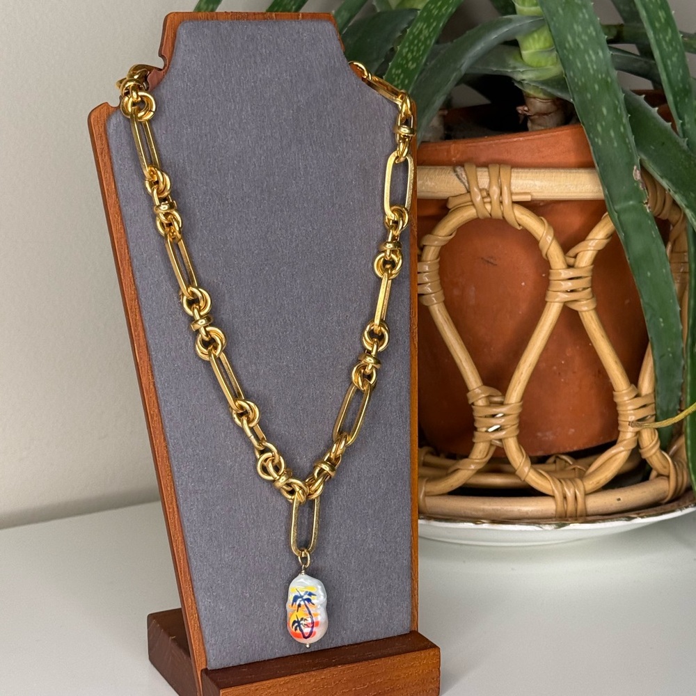 Martha Calvo 14K Gold Plated Palm Pearl Necklace Paperclip Chain - Picture 2 of 10
